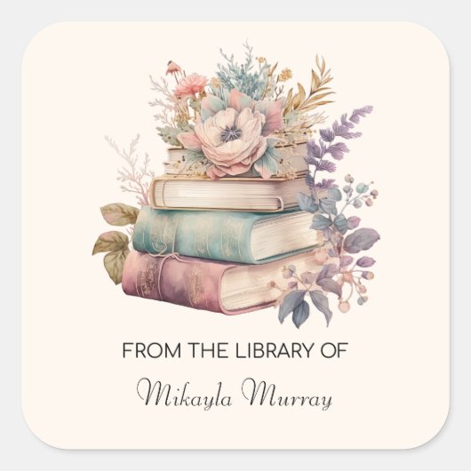Aquarellbücher und Blume Personalisierte Buchzeich Quadratischer Aufkleber (Vorderseite)