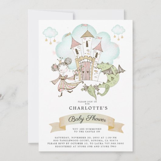 Aquarellburg Princess Dragon Babydusche Einladung (Vorderseite)