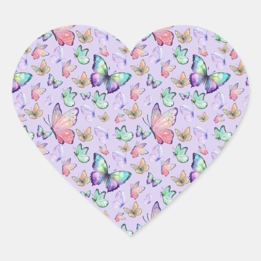 Aquarellbutterfische Nahtlose Muster Lila Herz-Aufkleber (Vorderseite)