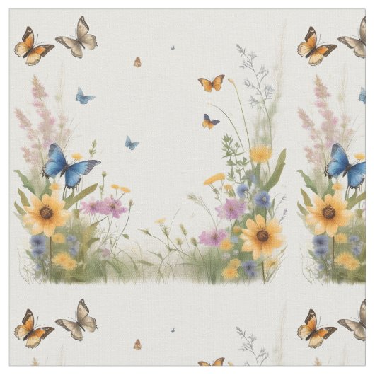 Aquarellbutterfische und Wildblumen, Stoff (Nahaufnahme)