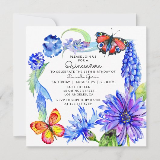 Aquarellbutterfly Blauer Blumenchor Quinceañera Einladung (Vorderseite)