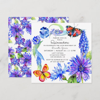 Aquarellbutterfly Blauer Blumenchor Quinceañera Einladung