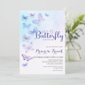 Aquarellbutterfly Elegantes Script Baby Dusche in Einladung (Stehend Vorderseite)