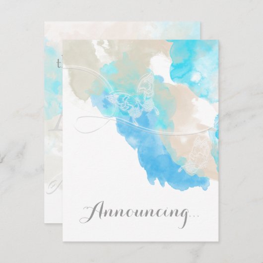 Aquarellbutterfly Ocean Shore Verlobung Announ Ankündigung (Vorne/Hinten)