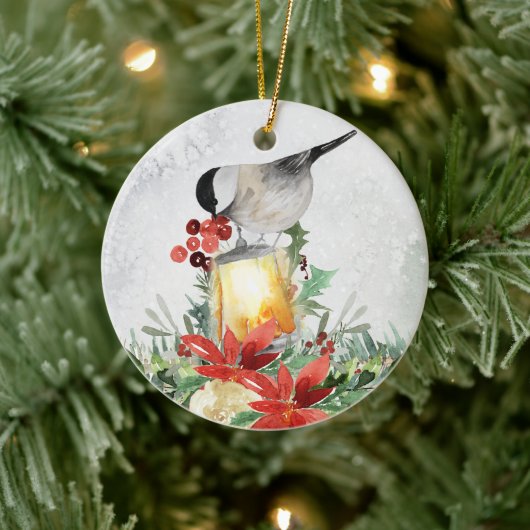 Aquarellchickadee und Laternengebirge Keramik Ornament (Baum)