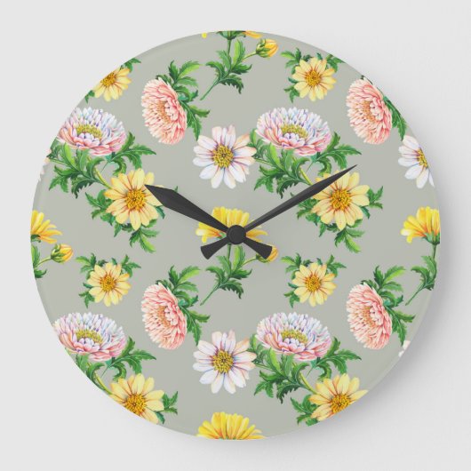 Aquarellchrysanthemen, nahtlose Blumenmuster Große Wanduhr (Vorderseite)