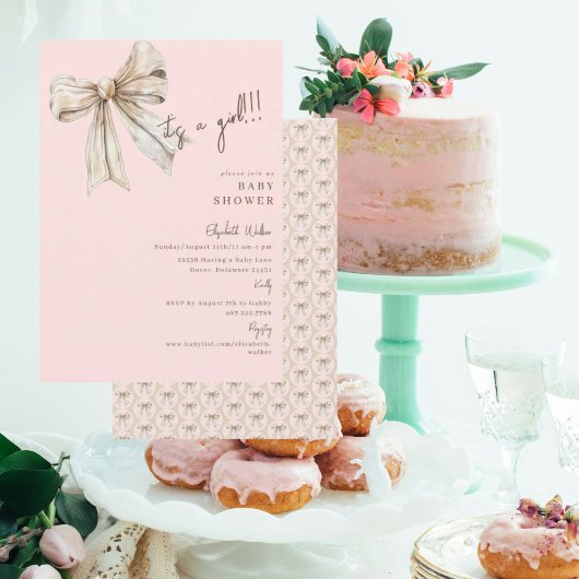 Aquarellcreme Bow Pink Es ist eine Girl Baby Dusch Einladung