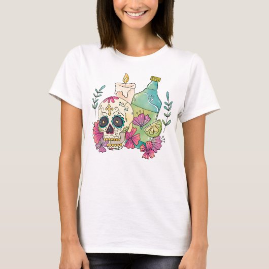 Aquarelldia de los Muertos Skull, Candle, Drink T-Shirt (Vorderseite)