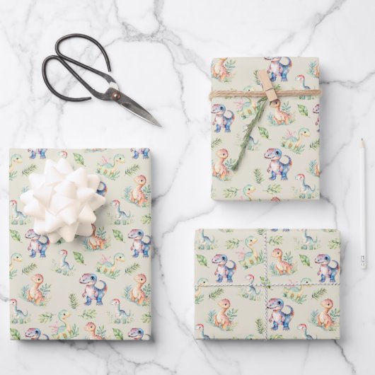 Aquarelldinosaurier auf graugelb geschenkpapier set (Vorderseite)