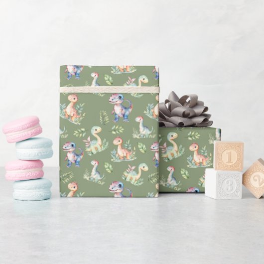 Aquarelldinosaurier auf Olive Green Geschenkpapier (Babyparty)