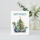 Aquarelldinosaurier Weihnachtsbaum Feiertagspostkarte (Stehend Vorderseite)