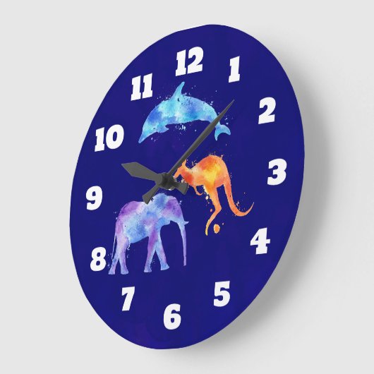 Aquarelldolphin, Elephant und Kangaroo Große Wanduhr (Winkel)