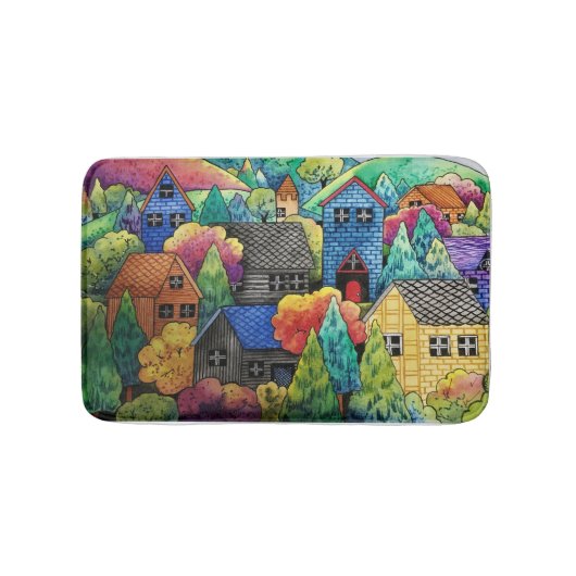 Aquarelldorf mit bunten Häusern Badematte (Vorderseite)