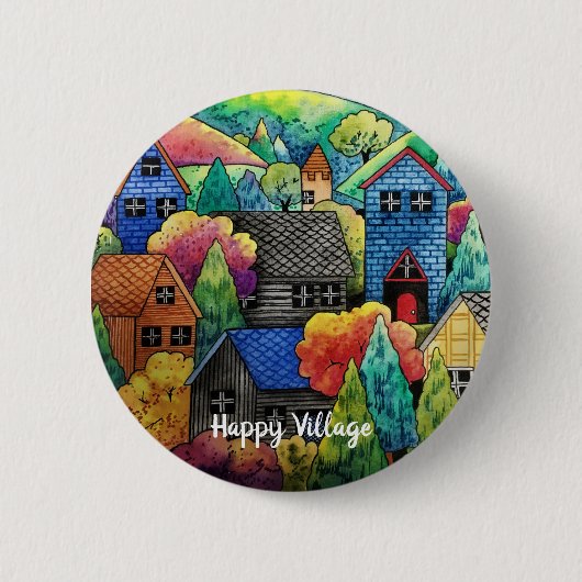 Aquarelldorf mit bunten Häusern Button (Vorderseite)