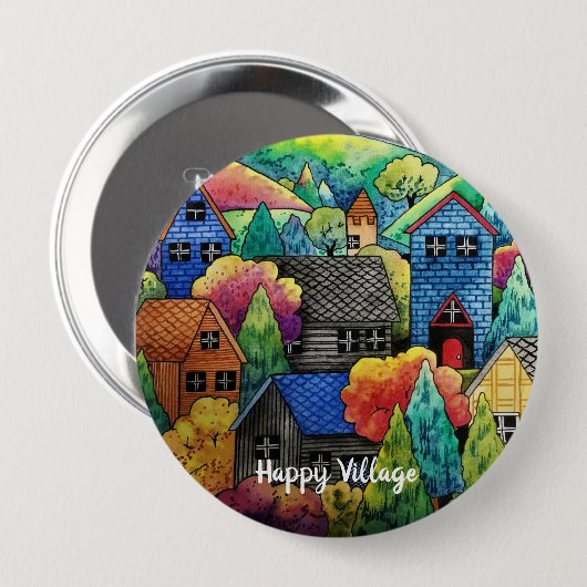 Aquarelldorf mit bunten Häusern Button (Vorne & Hinten)