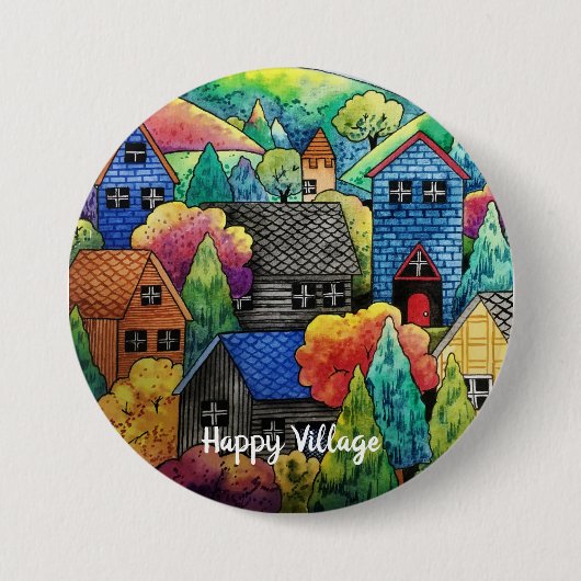 Aquarelldorf mit bunten Häusern Button (Vorderseite)