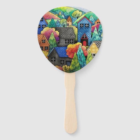 Aquarelldorf mit bunten Häusern Fächer (Vorderseite)