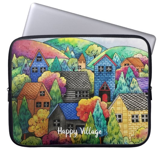 Aquarelldorf mit bunten Häusern Laptopschutzhülle (Vorderseite)