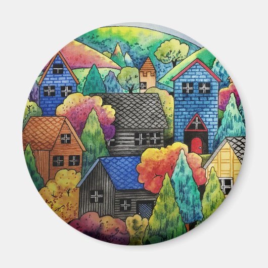 Aquarelldorf mit bunten Häusern Magnet (Vorne)