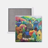 Aquarelldorf mit bunten Häusern Magnet (Vorderseite/Rückseite)