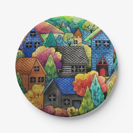 Aquarelldorf mit bunten Häusern Pappteller (Vorderseite)