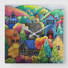 Aquarelldorf mit bunten Häusern Quadratische Wanduhr
