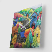 Aquarelldorf mit bunten Häusern Quadratische Wanduhr (Winkel)