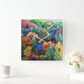 Aquarelldorf mit bunten Häusern Quadratische Wanduhr (Zuhause)