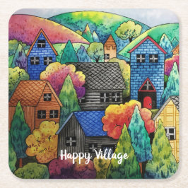 Aquarelldorf mit bunten Häusern Rechteckiger Pappuntersetzer