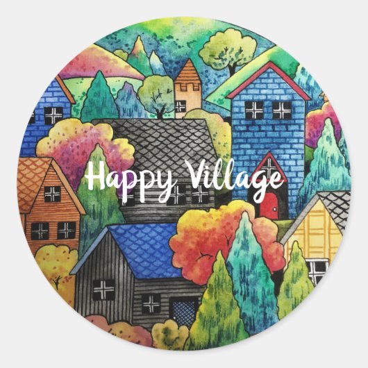 Aquarelldorf mit bunten Häusern Runder Aufkleber (Vorderseite)