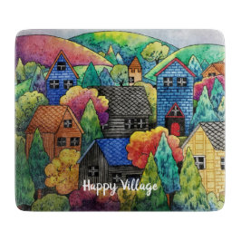 Aquarelldorf mit bunten Häusern Schneidebrett