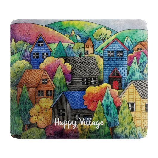 Aquarelldorf mit bunten Häusern Schneidebrett (Vorderseite)