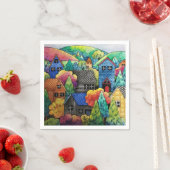 Aquarelldorf mit bunten Häusern Serviette (Beispiel)