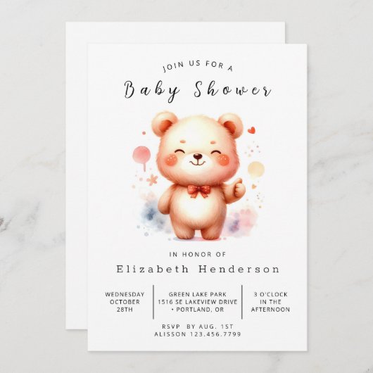 Aquarelldruckbare Bärendusche Einladung (Vorne/Hinten)