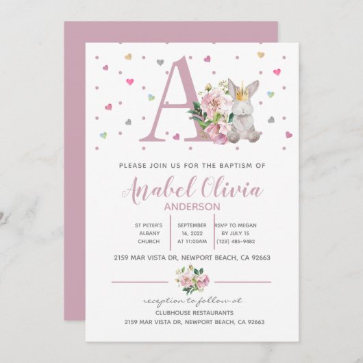 Aquarelldruckerin Bunny Baby Girl Taufe Einladung (Vorne/Hinten)