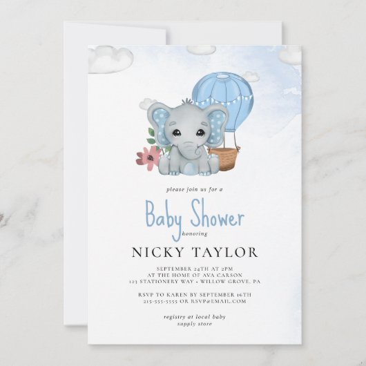 Aquarelldusche Blue Elephant Baby Dusche Einladung (Vorderseite)