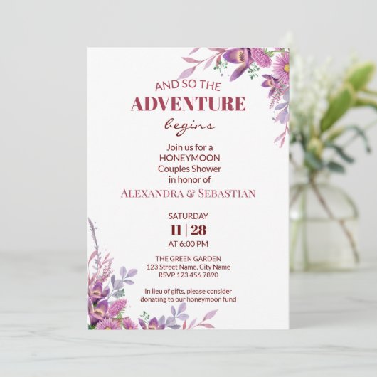 Aquarelldusche Blume Flitterwochen Einladung (Stehend Vorderseite)