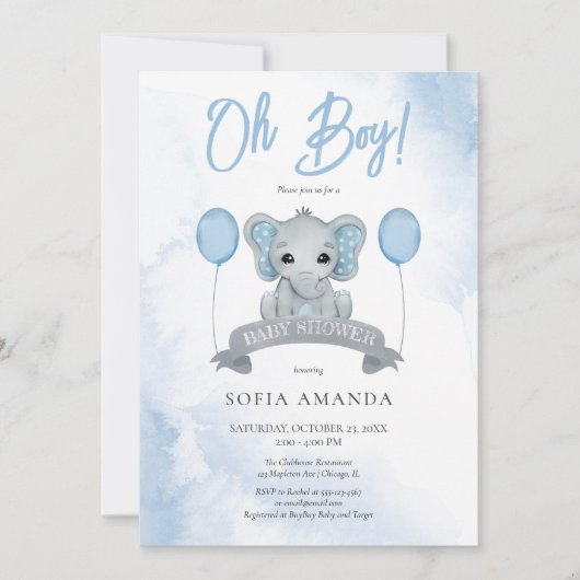 Aquarelldusche Niedlich Blue Elephant Baby Dusche Einladung (Vorderseite)