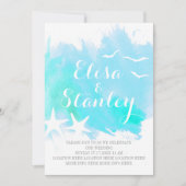 Aquarelle, blaue Aquarelle, Hochzeit am Seestrand Einladung (Vorderseite)