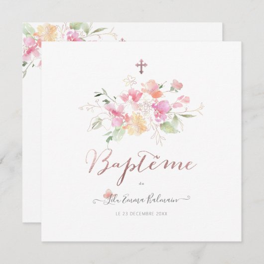 Aquarelle Fluers de Pois Faire part de Baptême Einladung (Vorne/Hinten)