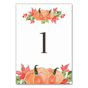 Aquarelle Pumpkin und Ahorn-Blätter Tabelle 1 Tischnummer
