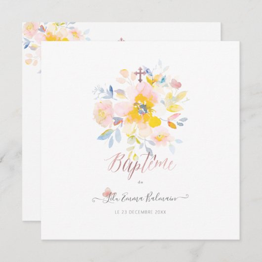 Aquarelle Rose de Jardin Faire part de Baptême Einladung (Vorne/Hinten)