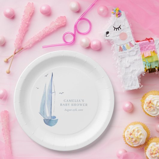 Aquarelle Sailboat Baby Dusche Ahoy Boy's Welcome Pappteller (Party)
