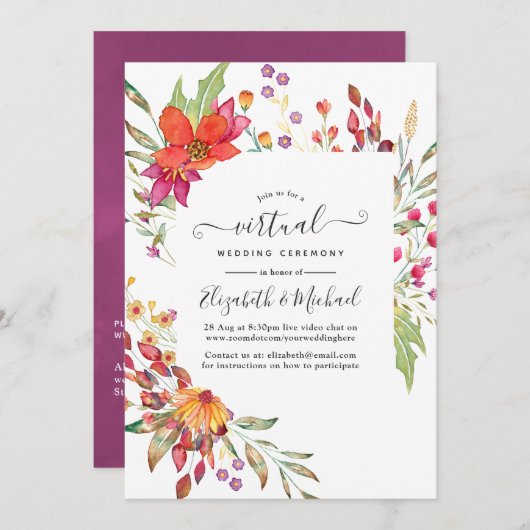 Aquarelle Wild Blume Online Virtual Wedding Einladung (Vorne/Hinten)