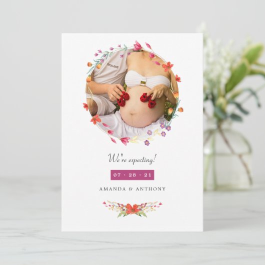 Aquarelle Wildblume Foto Schwangerschaft Ankündigu Ankündigung (Stehend Vorderseite)