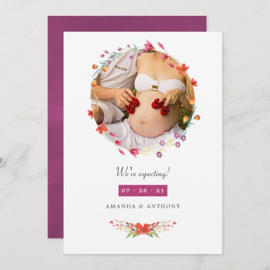 Aquarelle Wildblume Foto Schwangerschaft Ankündigu Ankündigung (Vorne/Hinten)