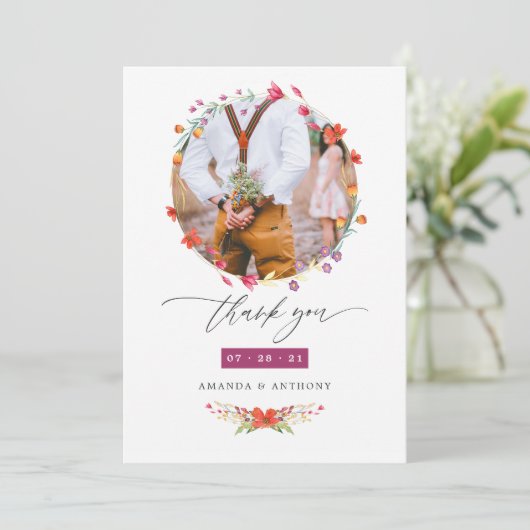 Aquarelle Wildblume Foto Wedding Foto Dankeskarte (Stehend Vorderseite)