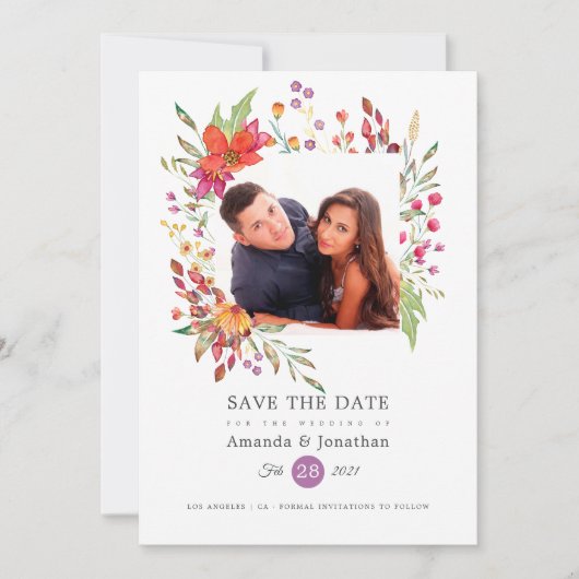 Aquarelle Wildblume Foto Wedding Save The Date (Vorderseite)