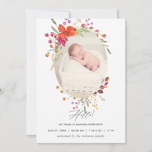 Aquarelle Wildblume Geburtsankündigung Foto-Karte Ankündigung (Vorderseite)