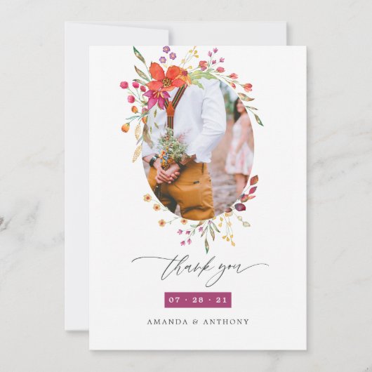 Aquarelle Wildblume Wedding Foto Dankeskarte (Vorderseite)